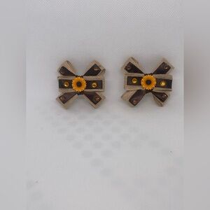 Brown and Tan Bow Earrings with Yellow Flower Accents